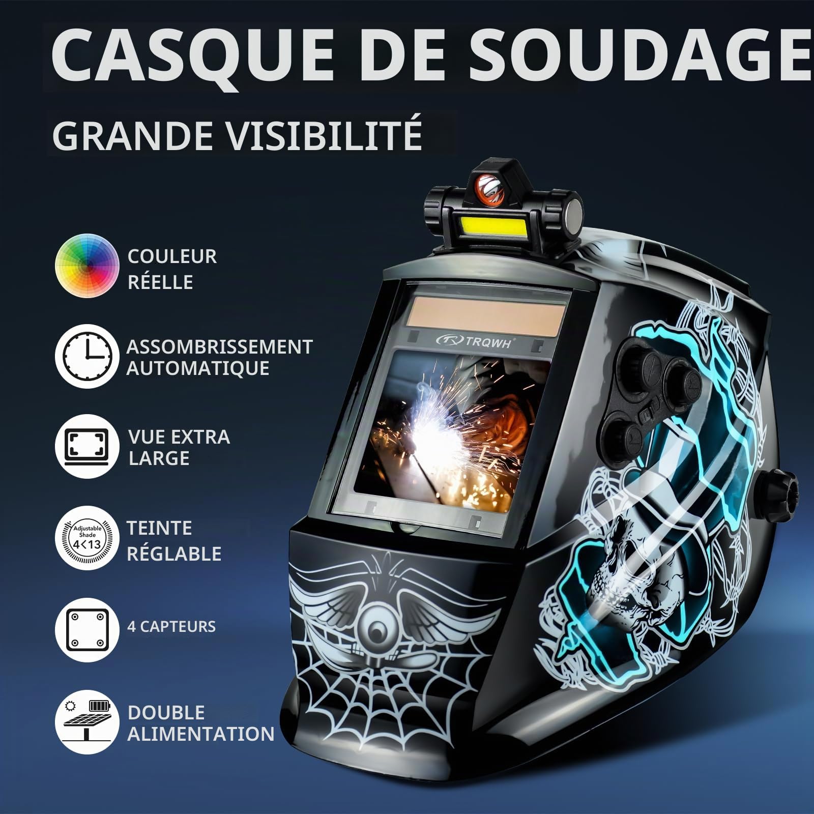 TRQWH Grand casque de soudage auto-obscurcissant True Color avec 4 capteurs d'arc réglables Large gamme d'ombres 4 ~ 5-8/9-13 pour soudeur TIG MIG ARC