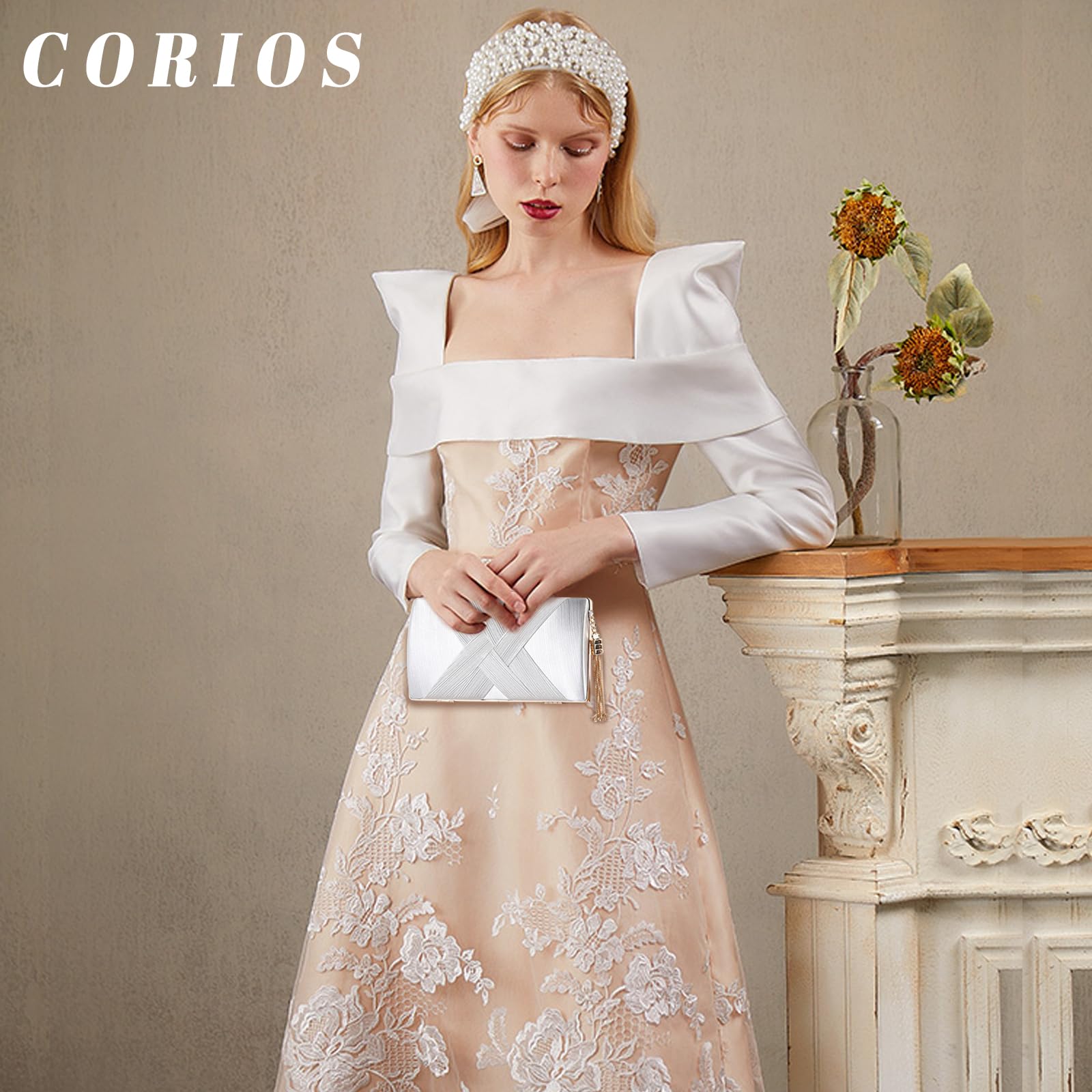 CORIOS Damen Abendtasche Fransen Clutch Tasche Elegante Schultertasche Kettentasche Tasche Luxurious Handtasche Hochzeit Brautbörse Klein Umhängetasche für Hochzeit Wedding Prom Party Silber