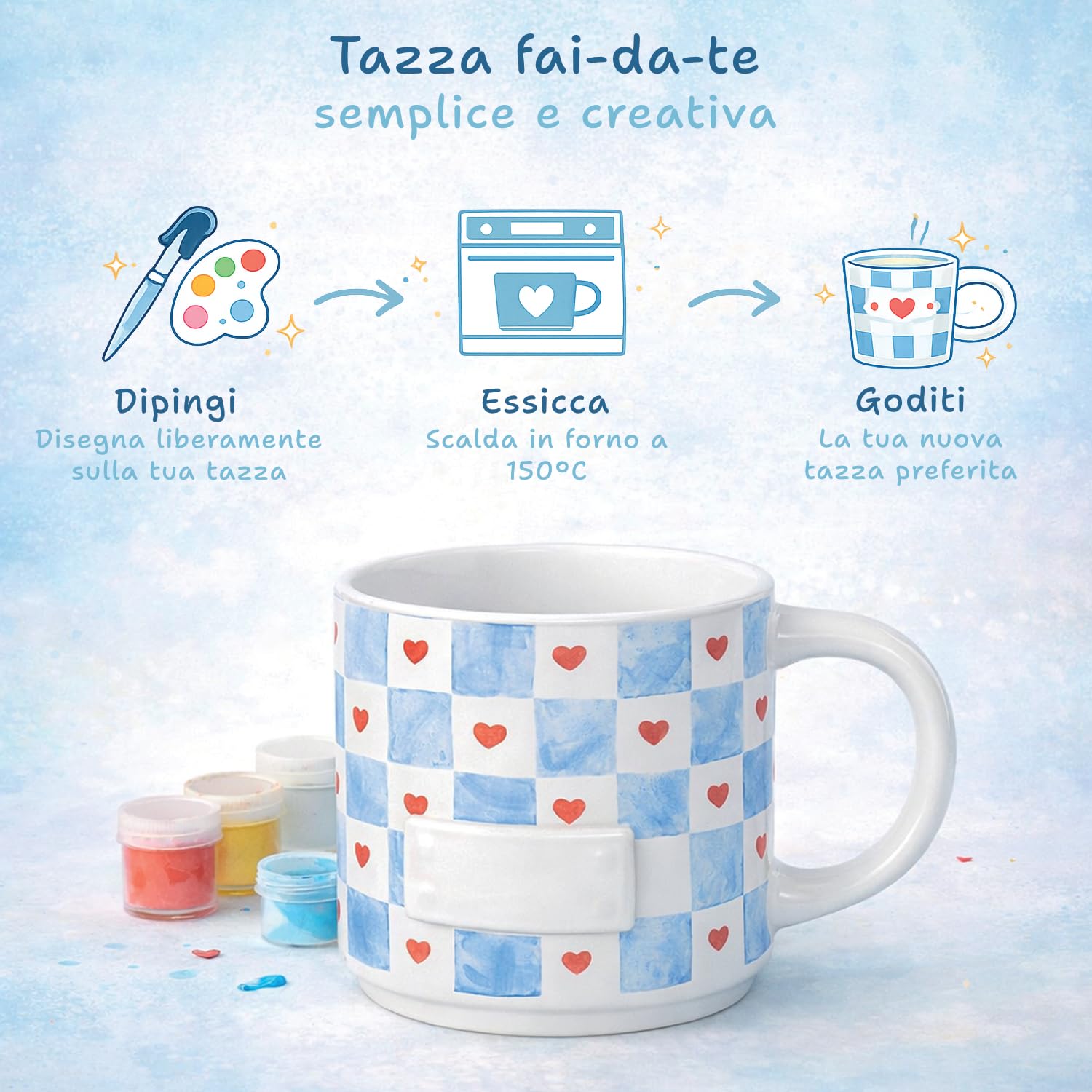 Festicy Set per Dipingere Tazze in Ceramica I 2 Tazze da 200 ml con 12 Colori, 8 Pennarelli e 4 Pennelli I Kit Creativo Adulti e Bambina I Idee Regalo Fai da Te I Hobby Creativi per Casa