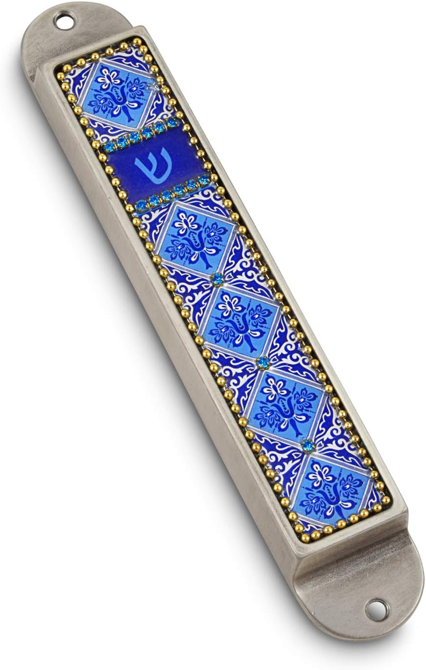 AJDesign Iris Collection Handcrafted Pewter & Enamel Beaded Colored Mezuzah Case (Blue - Flowers)