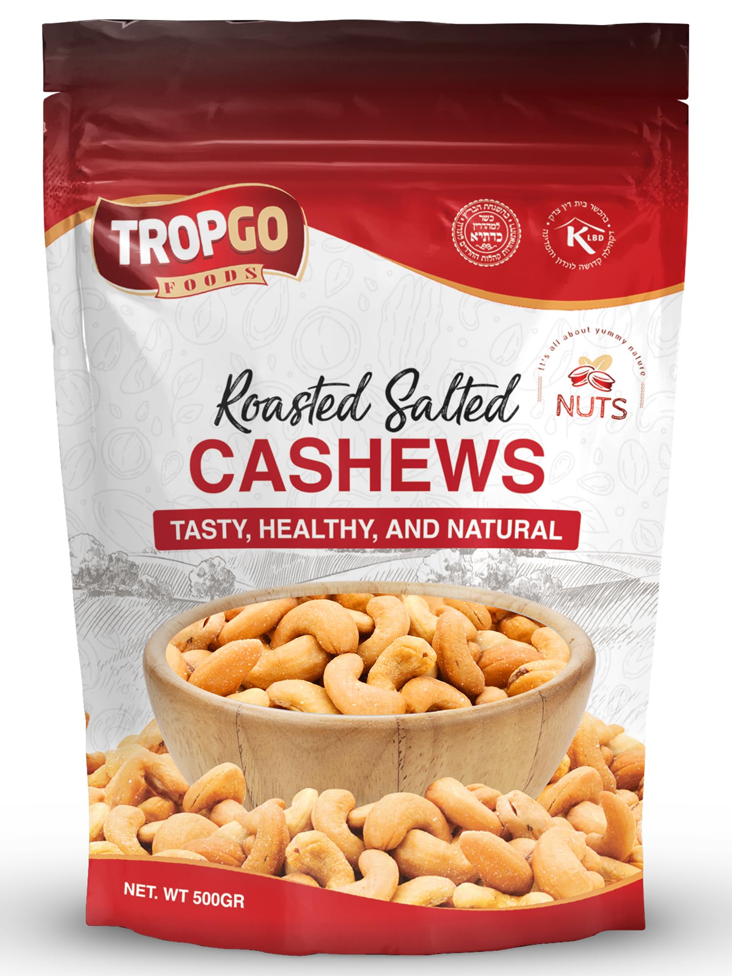 Tropgo Roasted Cashew Nuts 500g - Packed Fresh, Lightly Salted Cashews with Fibre, Protein and Minerals, Perfect for Snacking - Kosher Approved Cashews - Bulk Buy Nuts
