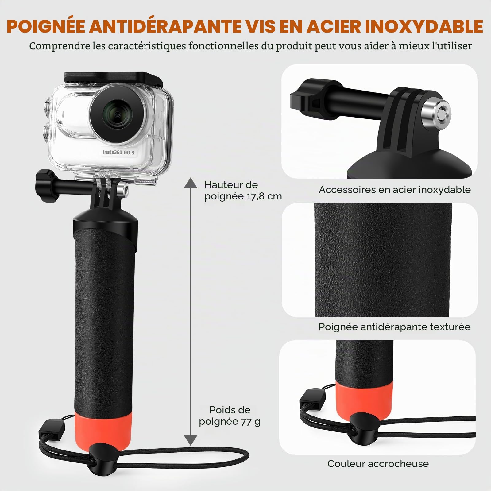 Boîtier étanche et poignée flottante compatible avec Insta360 GO 3, boîtier de protection pour plongée sous-marine avec support accessoires pour Insta360 GO 3