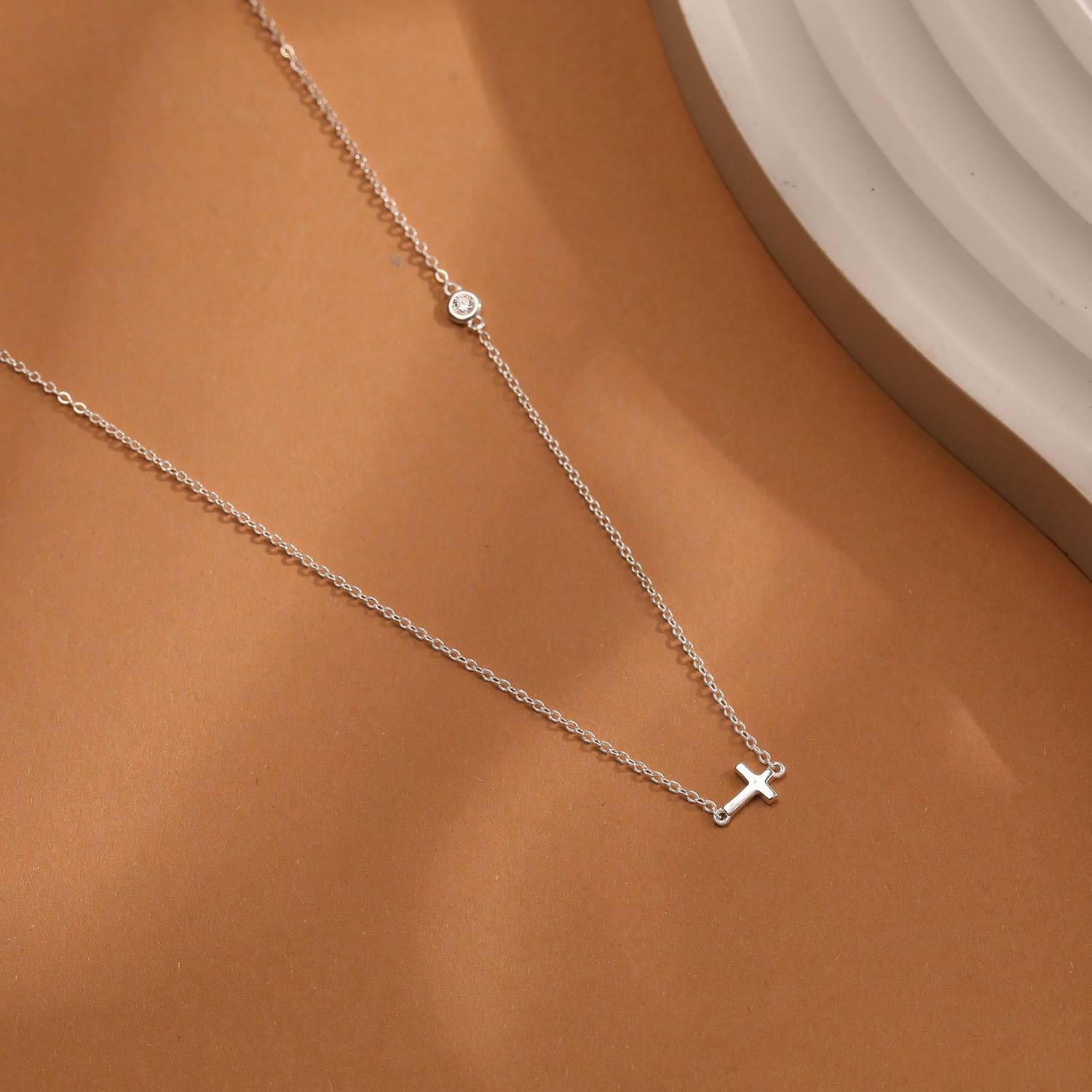 925 Sterling Silver Cross Necklace for Women Dainty CZ Horizontal Cross Pendant Necklaces Birthstone Charm Chain for Mom Sideway Crucifix Cross Faith Choker Necklace Valentine's Day Jewelry Gifts - Image 4