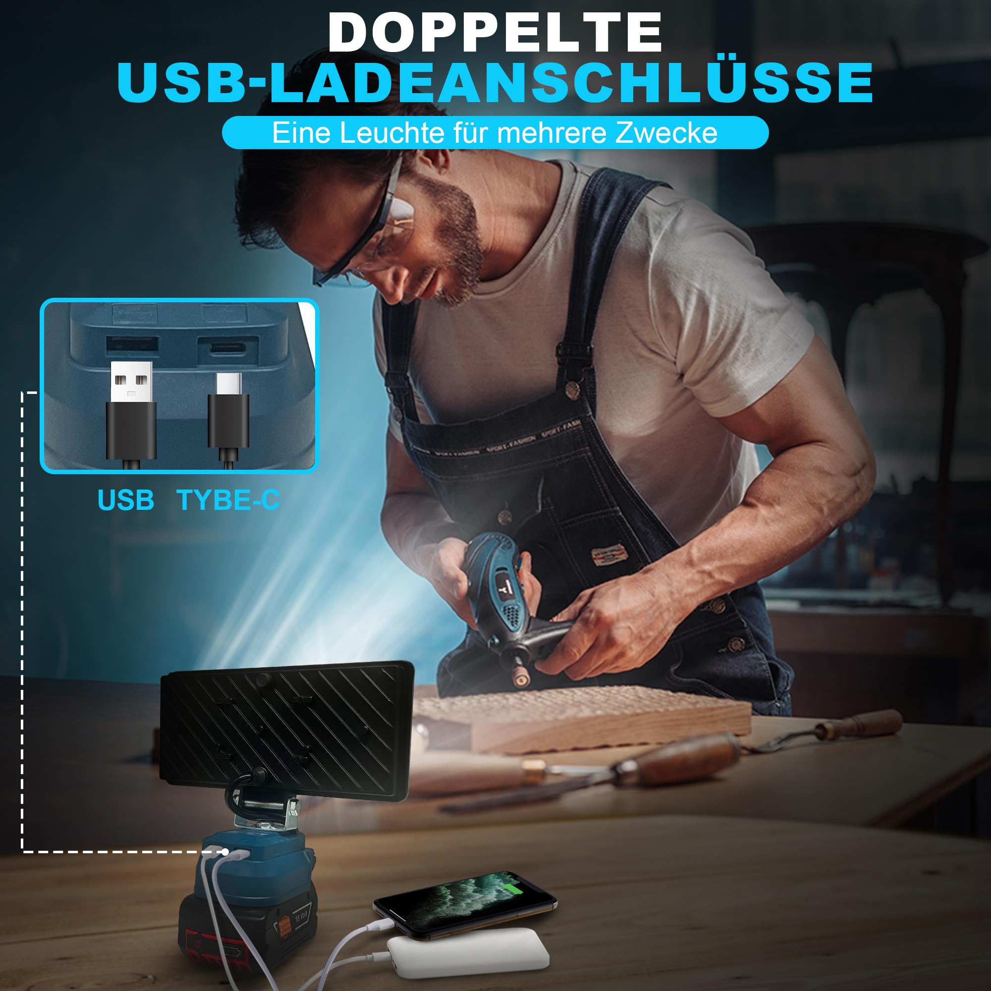 Lámpara LED con batería para Bosch 18 V, 96 W, 6800 lm, Iluminacion, Foco LED con USB + tipo C (sin batería)