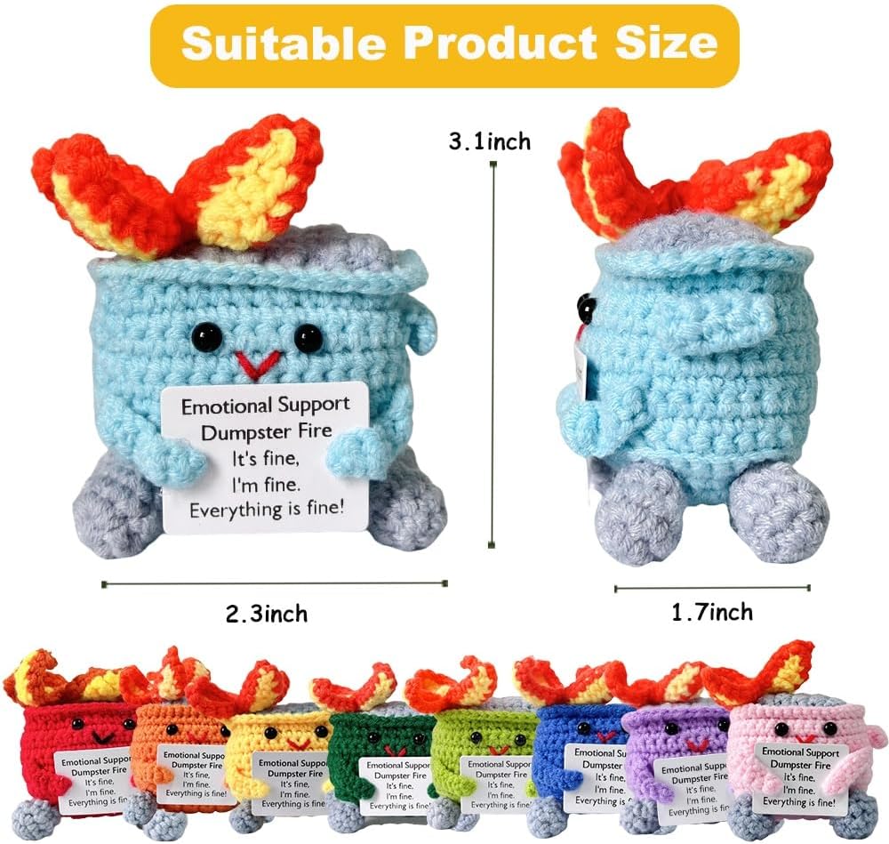 9PCS Funny Crochet Emotional Support Dumpster Fire,I'm fine everything is fine,Self Care Gift for her,Cheer up Gift,Office Desk Decoration,Livingroom Decor,Home Table Decor,Crochet Dumpster Fire
