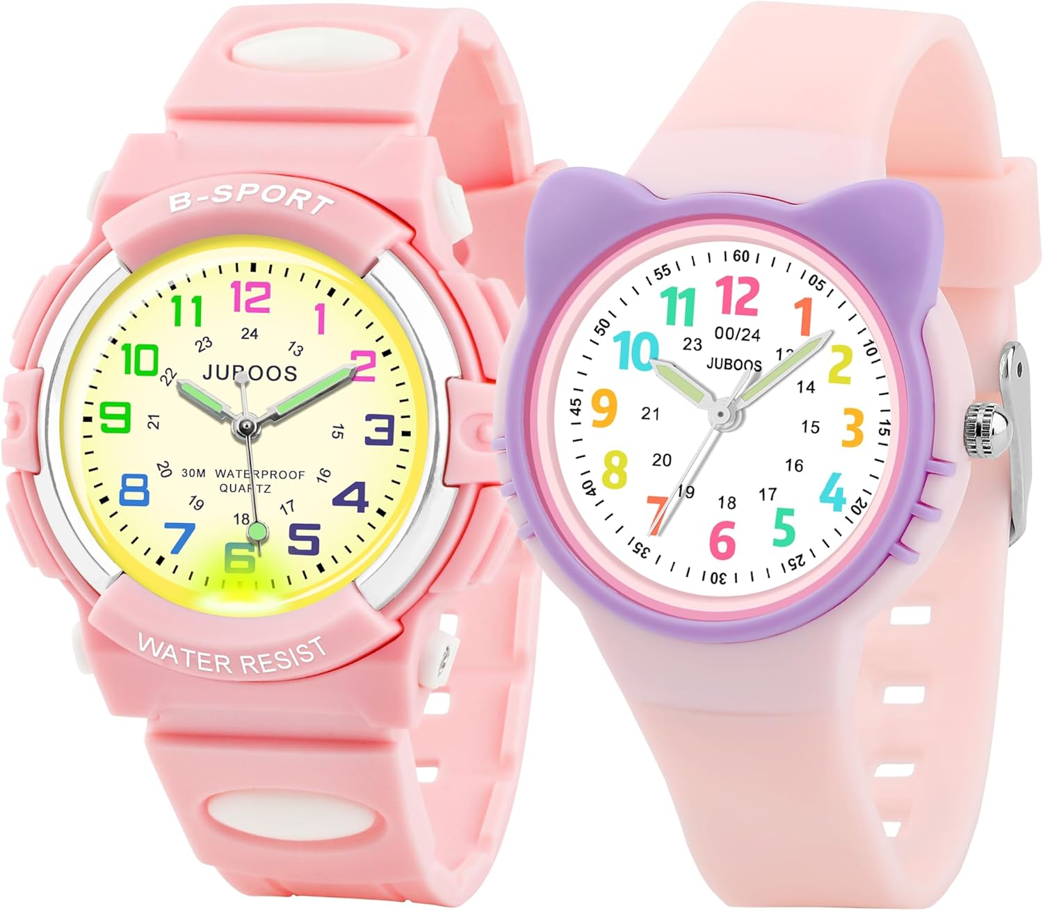 Juboos 2PCS Kids Watch Boys Girls Waterproof Soft Strap Kids Time Teaching Wristwatch