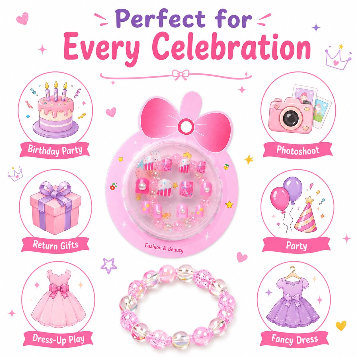 Kids Press On Nails for Girls with Bracelet | 12 Reusable Fake Stick On Nails | Cute Cartoon Nail Art Kit | Birthday Return Gift | Dress Up & Party Accessories Pink 2