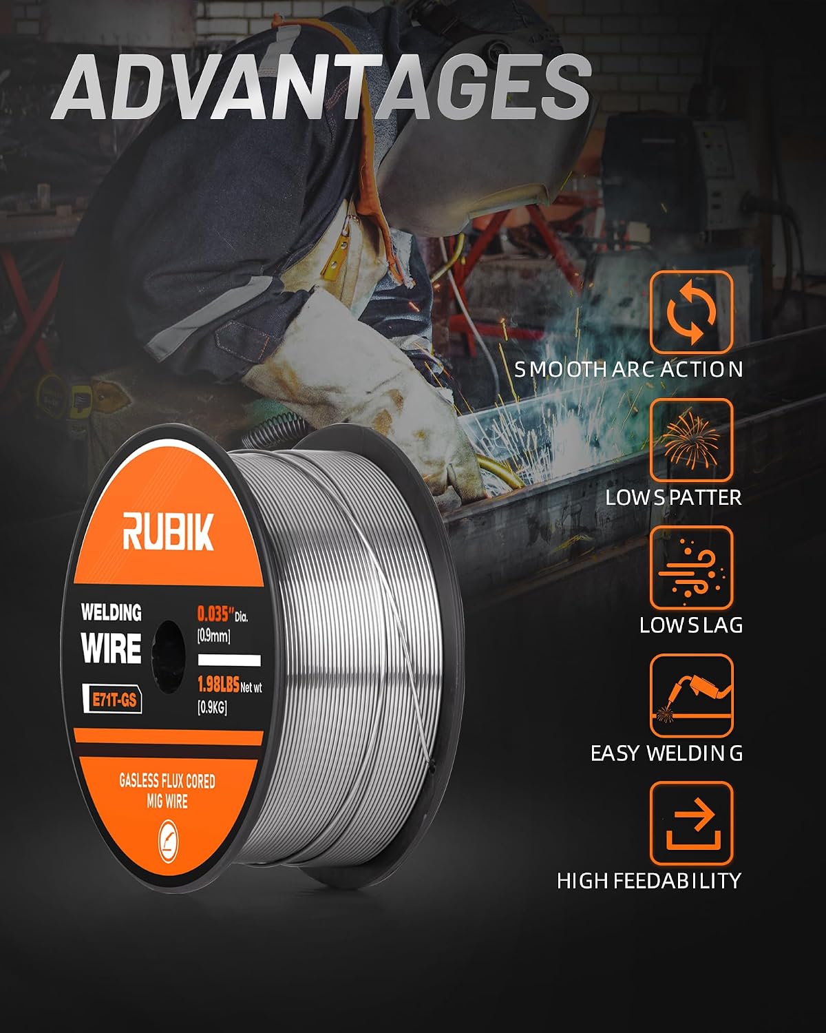 RUBIK 0.035" Flux Core Gasless Mig Wire-E71T-GS 2-Pound Spool Mild Carbon Steel Mig Welding Wire 2Pcs