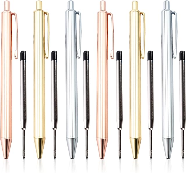 12Pcs Metal Ballpoint Pen Set, 6 Black Ink Metal Retractable Pens with 6 Ballpoint Pen Refills, Gold Silver Medium Point Ball Pens for School Home Office Students Teachers
