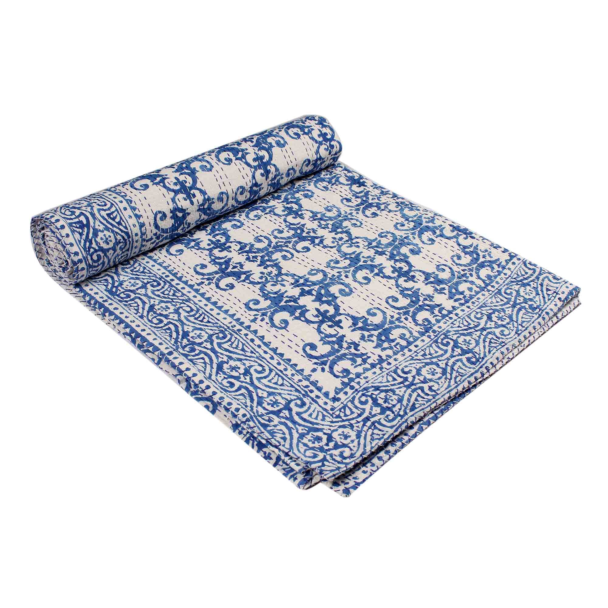 Couvre-lit Kantha travail en coton bleu indigo jeté de lit artisanal