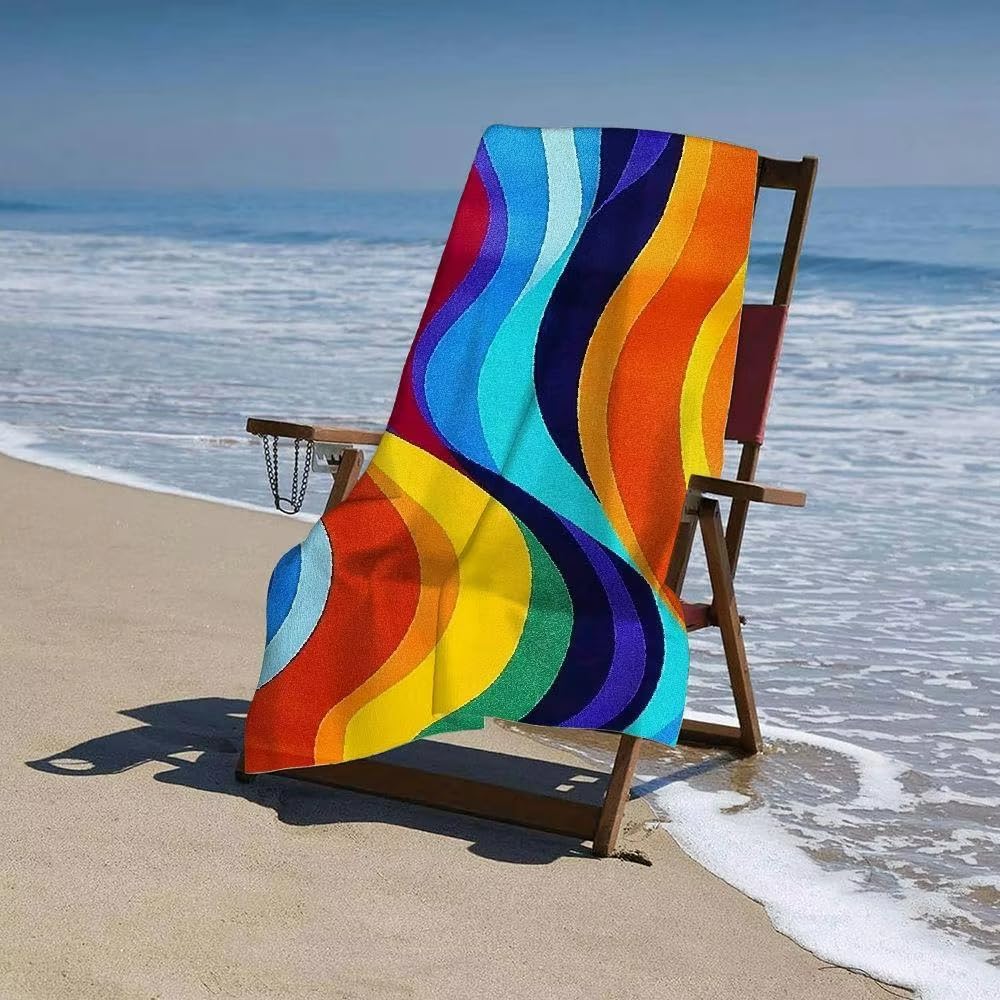 Toalla de Playa de Secado rápido, ultraabsorbente, con diseño de Ondas Modernas para Adultos, Ideal para Nadar, Practicar Deportes y Playa 140x200cm/55 x79