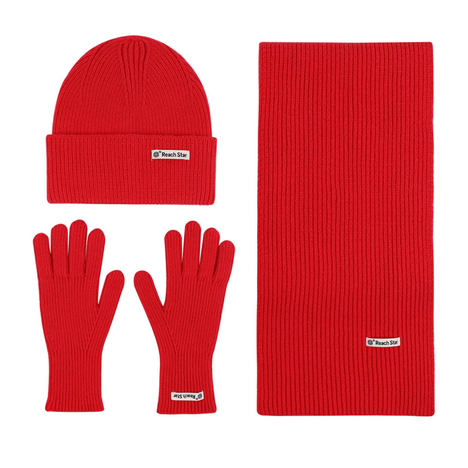 Wintermütze Schal Handschuhe Set Einfarbige Strickmütze, Winterwarme Dicke Wollmütze, Und Handschuhe-Set-Leuchtend Rot