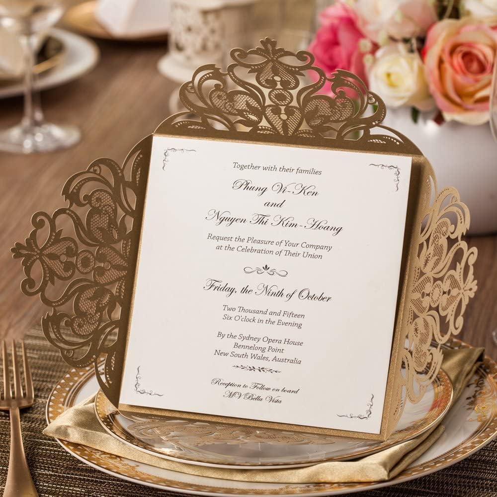 6.3 x 6.3 Inch 50PCS Personalized Gold Glitter Laser Cut Wedding invitation Cards With Hollow Lace Floral and Envelopes for Engagement Wedding Bridal Shower Invite (Gold Glitter)