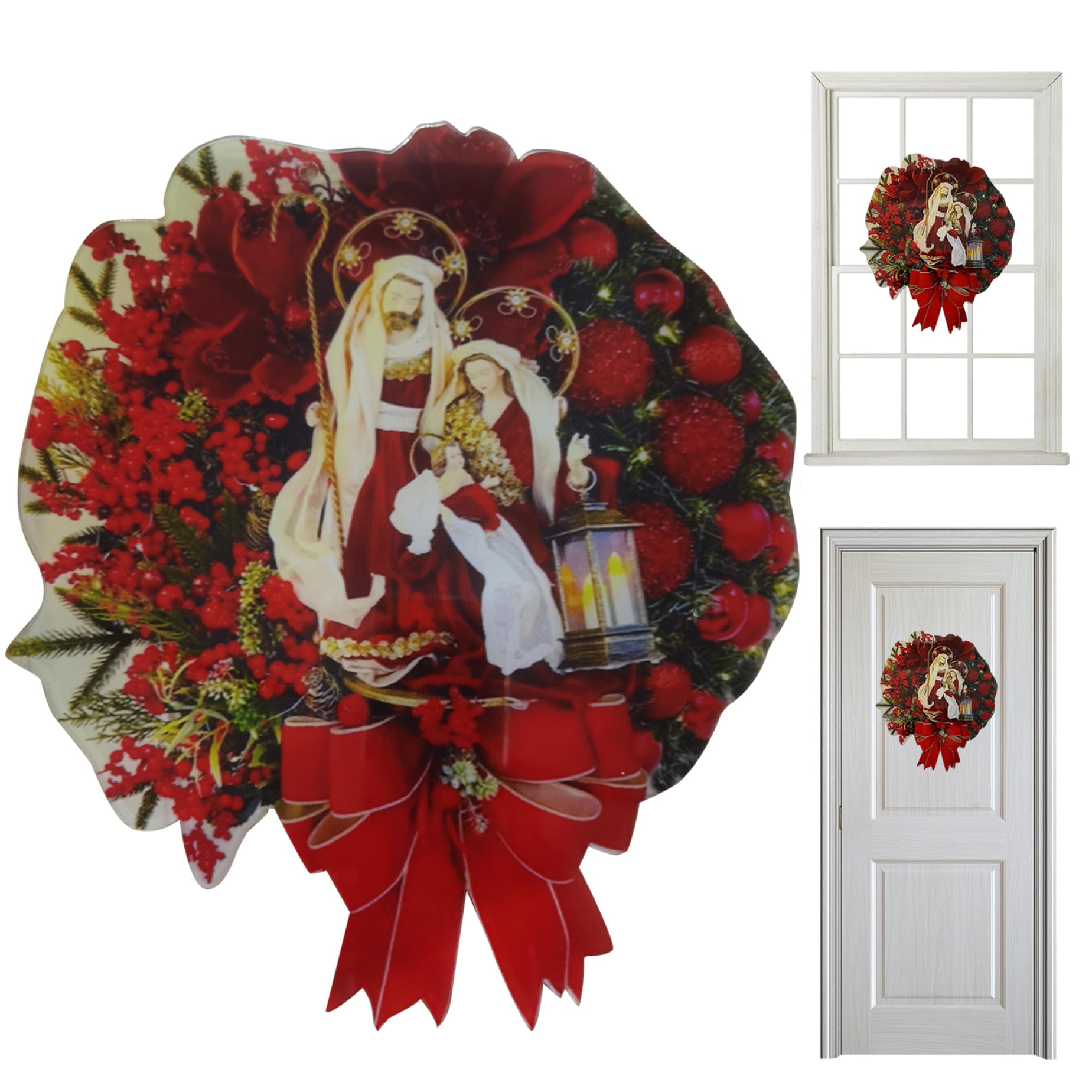 Couronnes de Noël pour porte d'entrée en acrylique de 25 cm avec scène de la Nativité chrétienne