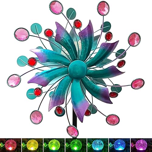 Molinos de viento solares para patio y jardín-esculturas de viento de metal de 360 de 60.6 pulgadas para exteriores con bola de vidrio LED