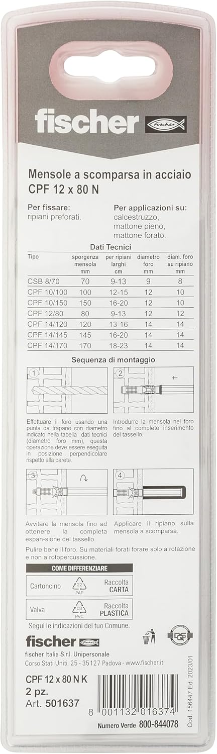 Fischer Pack of 2 Retractable Shelf Brackets CFP 12 x 80 K for Shelves, Wall-Mounted, Modern Style