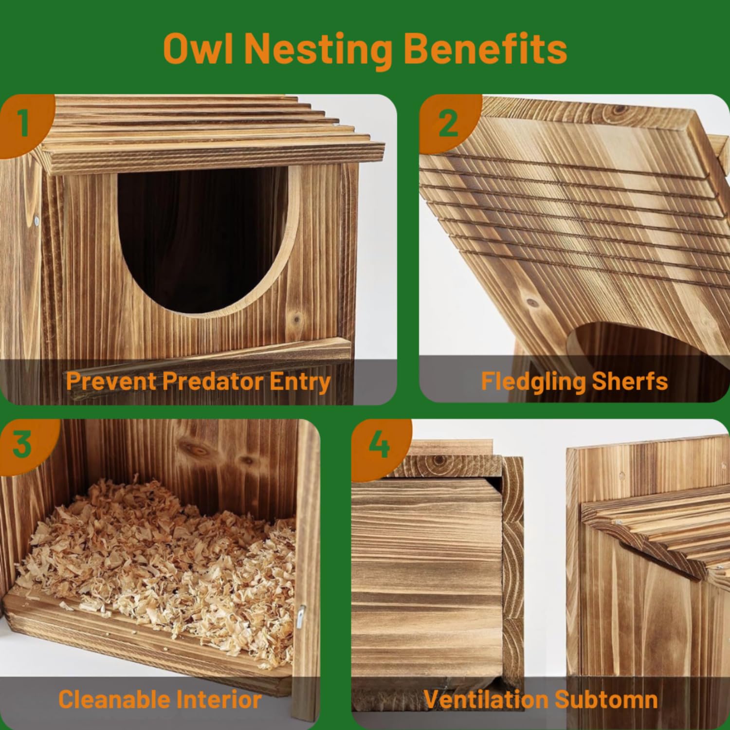 Screech - Caja nido de búho, entrada circular de madera hecha a mano de primera calidad, accesorios de montaje y virutas incluidas, montaje rápido para hábitats al aire libre (marrón, 9 x 14.5