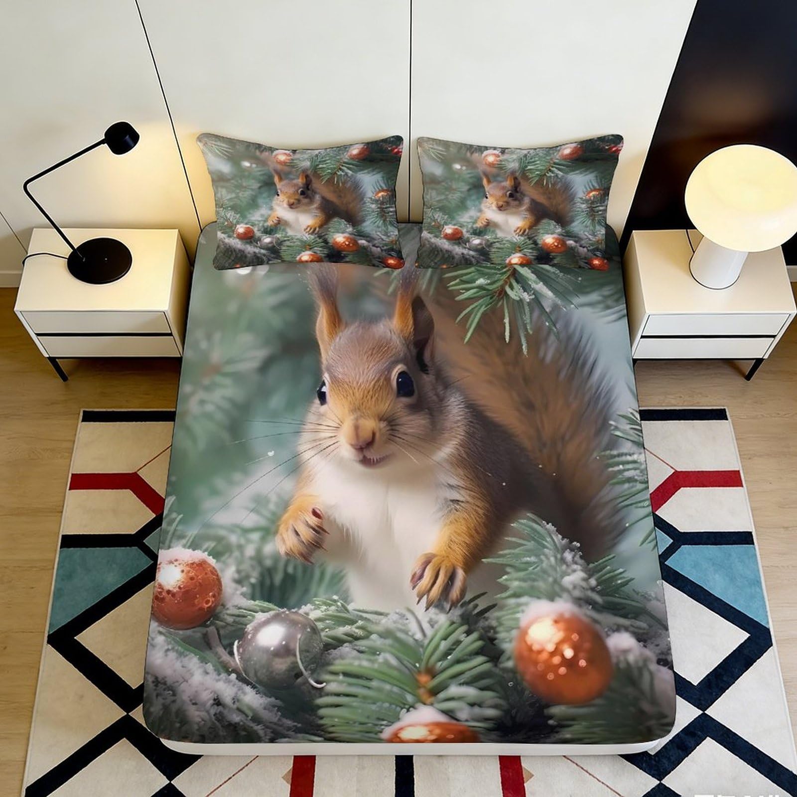 Decorative squirrel themed 3D Printed Fitted Sheet, soft touch Microfiber, wrinkle resistant, guest room bedding, stylish accent, easy care 90x200x25cm