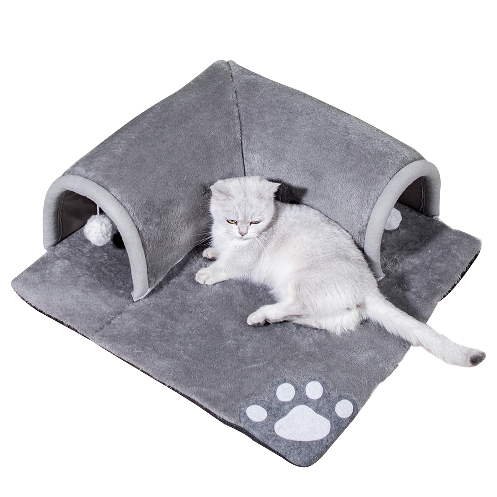 Katzentunnel Bett, 2 In 1 Katzenspieltunnel Mit Teppich, Abnehmbare Kätzchen Pet Play Tube - Waschbar Kätzchen Höhle Matte mit Ball Spielzeug, Katzenteppich, 50 * 50cm (Grau)