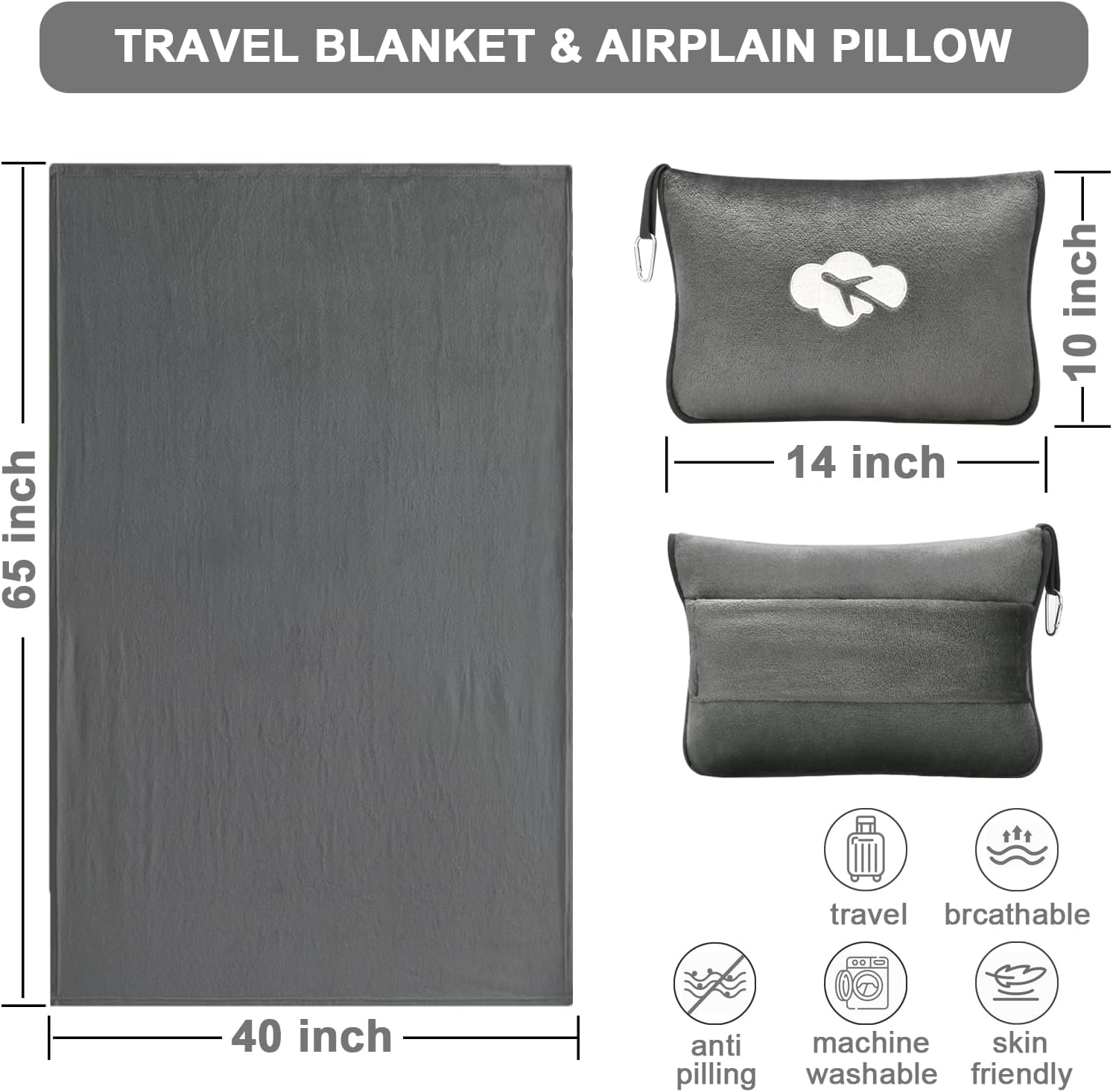 Travel Blanket and Pillow Compact, Premium Soft 2 in 1 Airplane Blanket with Soft Bag Pillowcase，Hand Luggage Sleeve and Backpack Clip (Solid Grey) - Image 3