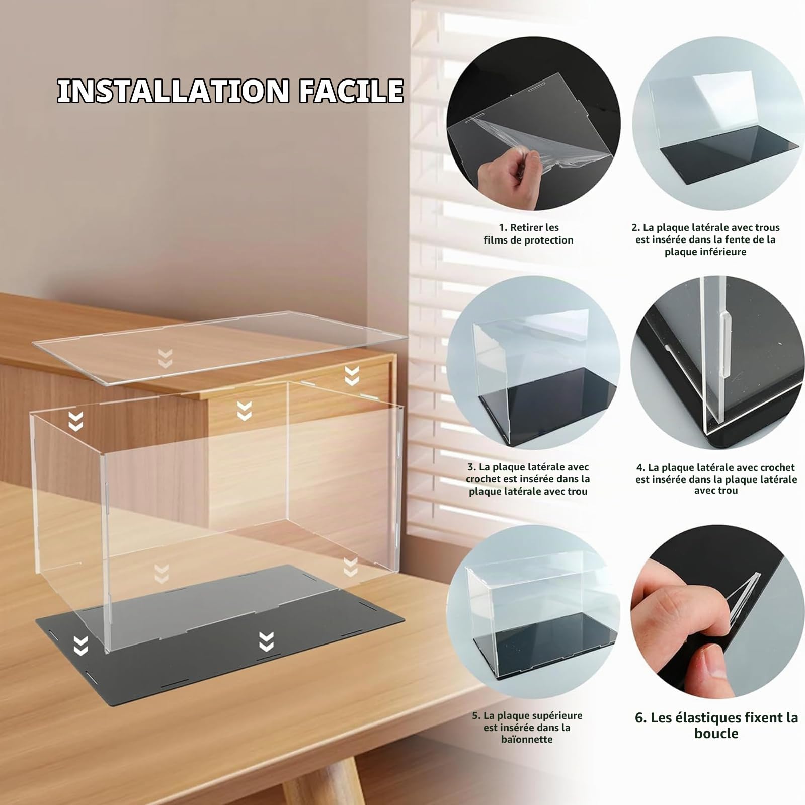 Vitrine pour collections avec socle noir, 60x60x60 cm / 24x24x24 po, Vitrine acrylique transparente, Présentoir transparent pour salon, chambre à coucher, bureau