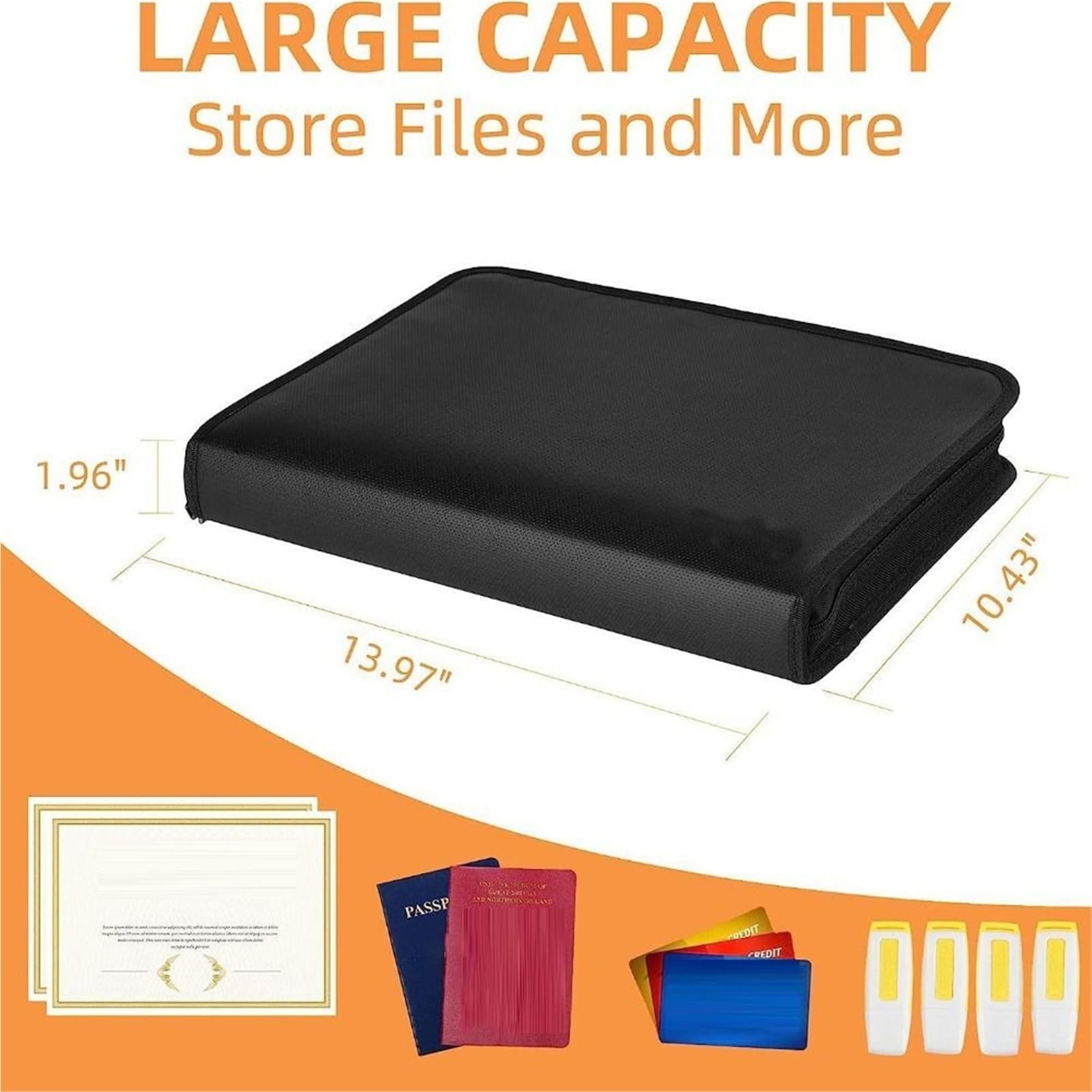 Porta Documenti Fireproof Accordion File Organizer | 13-Pocket Expanding Document Bag with Zipper and Labels, Portable(Black)