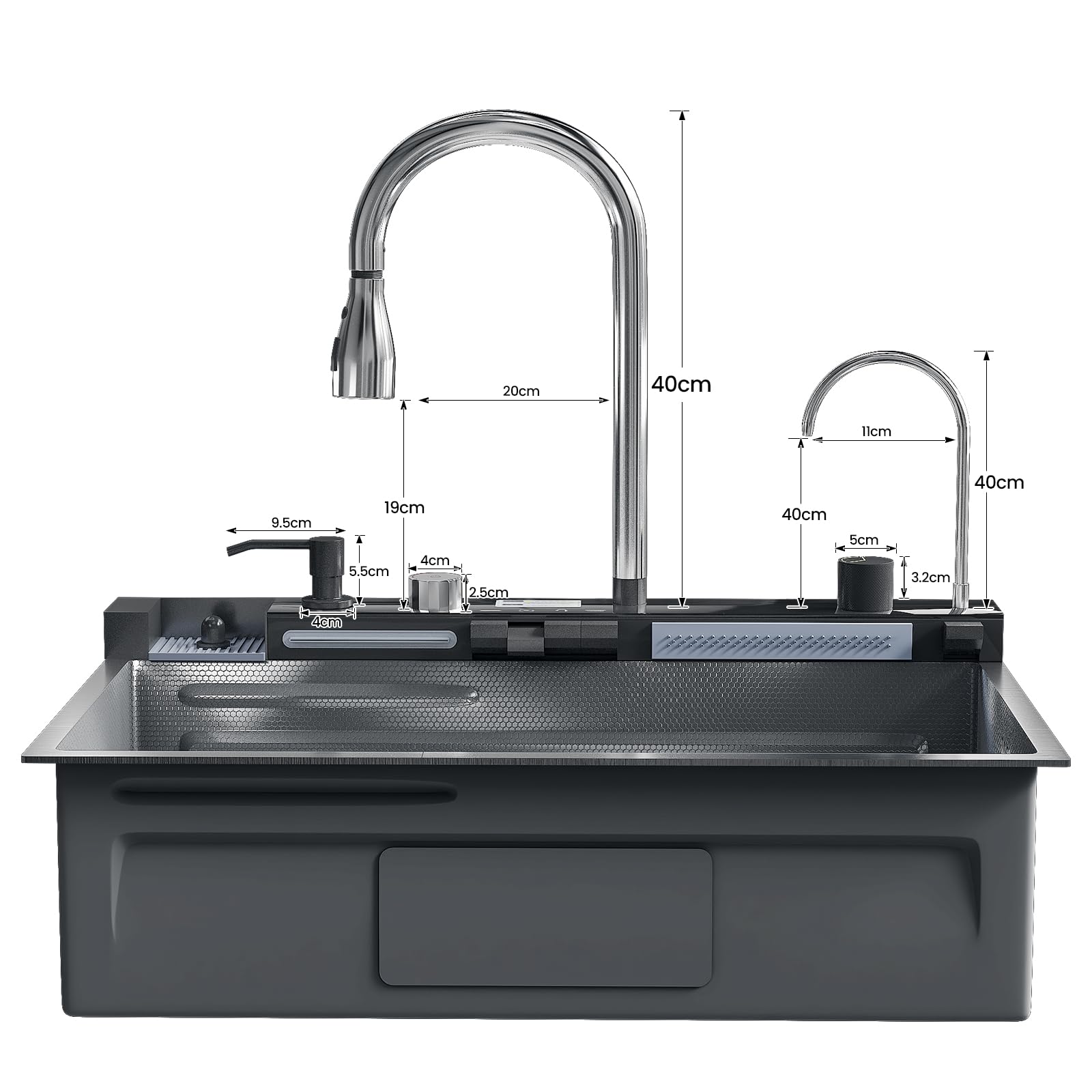 Fregadero de cocina, fregadero de cocina inoxidable con escurridor, pantalla LED, grifo cascada, doble riel deslizante, dispensador de jabón, para hogar y profesional, 75 x 45 cm