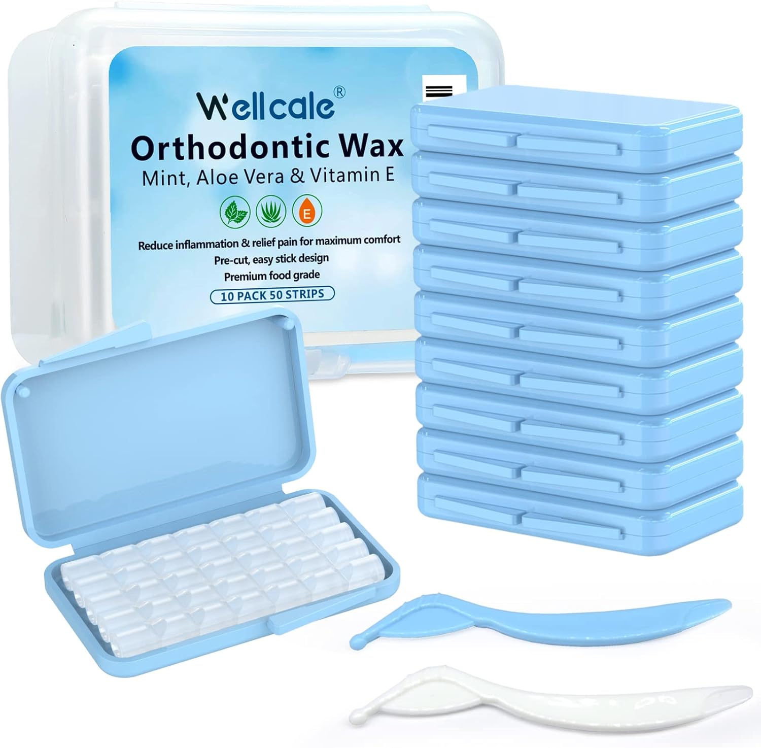 Braces Wax, 10 Pack 50 Precut Wax Strips 350+ Dots, Blue Cases. Includes Storage Box & 2