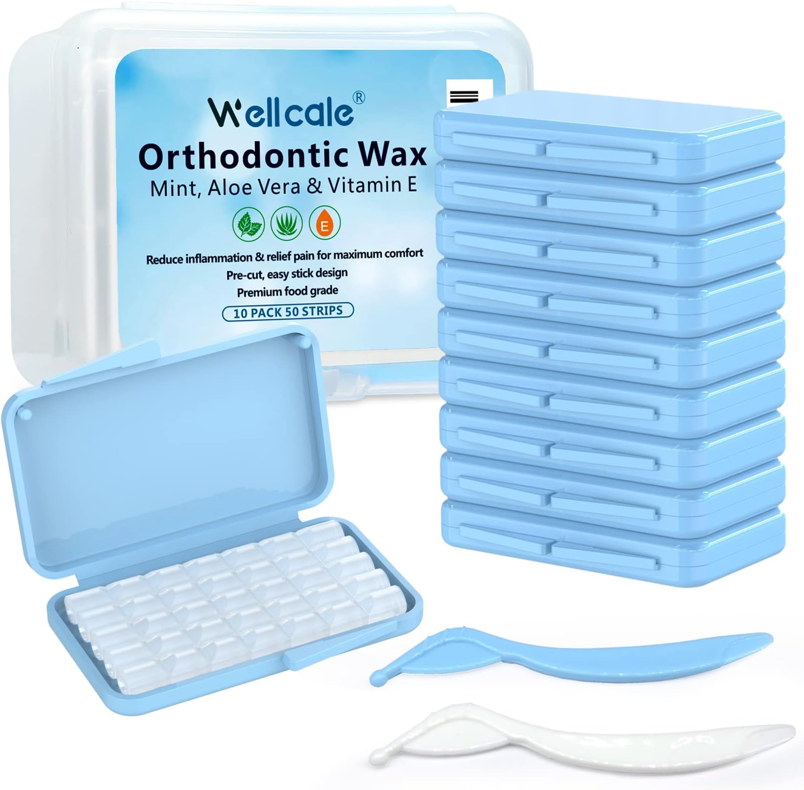 Dental Braces Wax for Orthodontics – 50 Precut Strips / 350+ Dots - Mint, Aloe Vera & Vitamin E, Food-Grade, Blue Case with Storage & 2 Applicators, Comfort & Easy to Apply