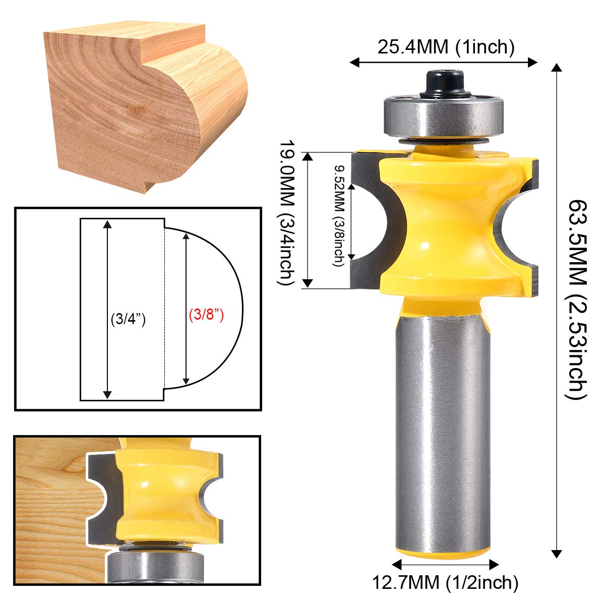 HOHXEN 1/2'' Shank Bullnose Router Bit,3/8'' Dia Half Round Blade,for Wood Milling Cutter Flooring Wood Working Tools - Image 2
