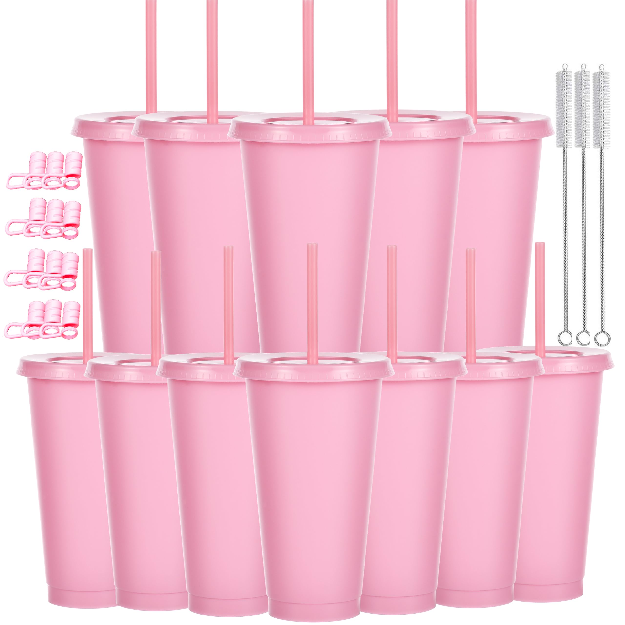 CuppaLifes 12 Pack Reusable Plastic Cups with Lids and Straws, 710ml Cold Tumbler Cups for Slushie and Drinks, Party Cups for Adults Travel Beach Picnic Birthdays (12, Pink)