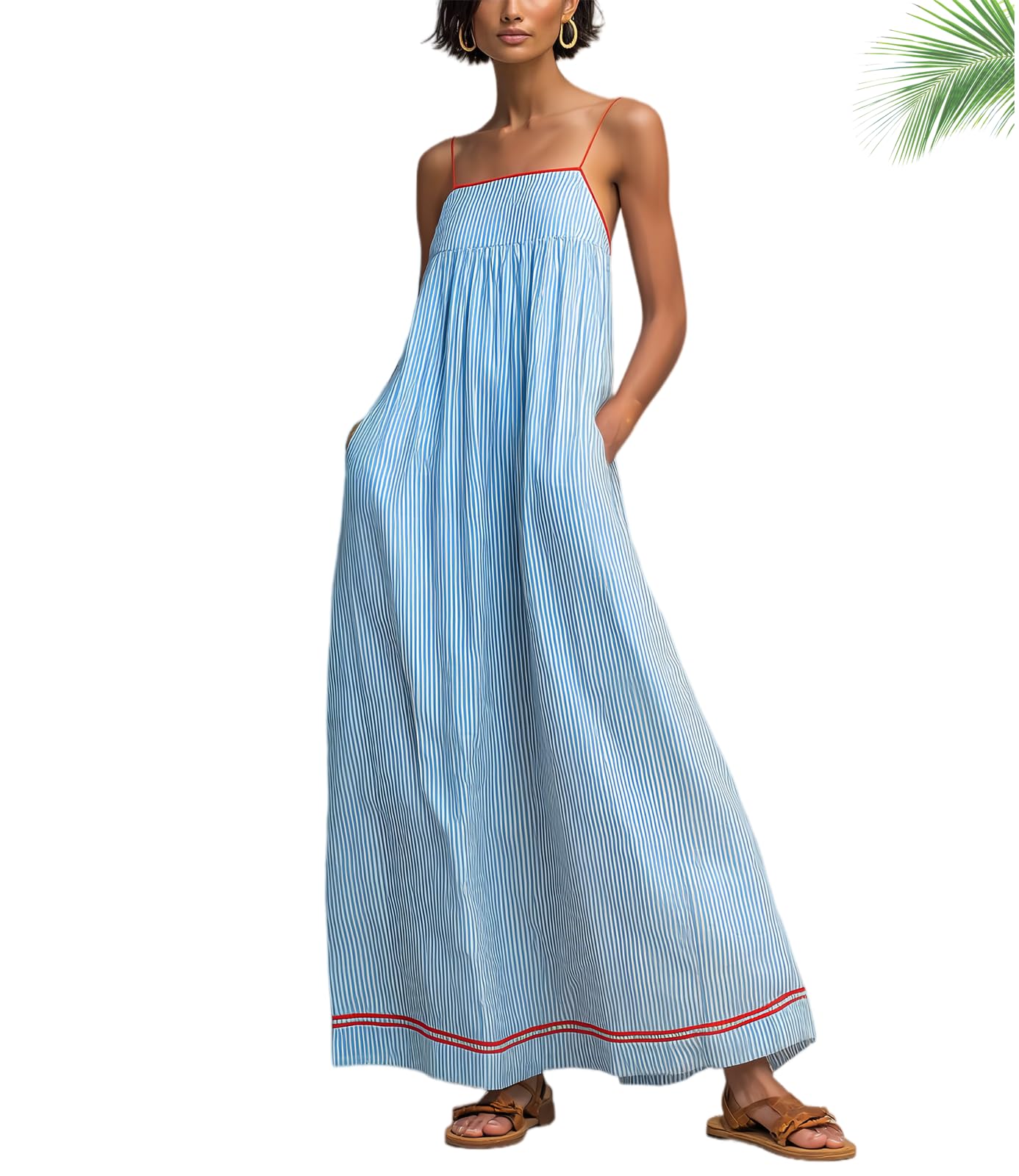 Generico Abito Lungo da Donna a Righe Stile Boho, Senza Maniche, con Spalline Sottili e Linea ad A, con Dettagli Rossi