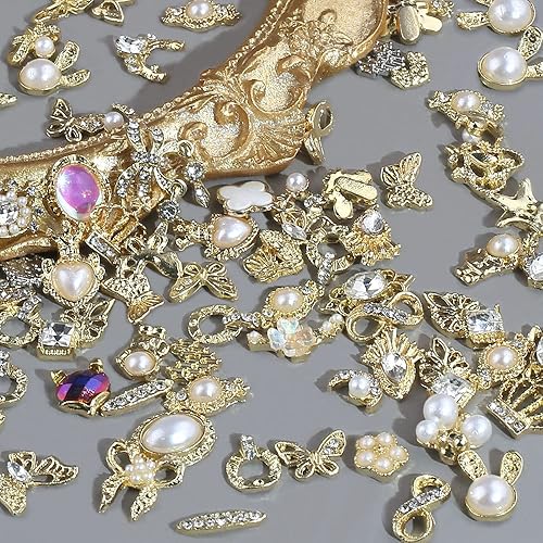 Miniatura 9 de Dornail 50 dijes dorados para uñas acrílicas, estilos mixtos, diamantes de imitación brillantes de aleación de perlas para uñas, flores, mariposa,