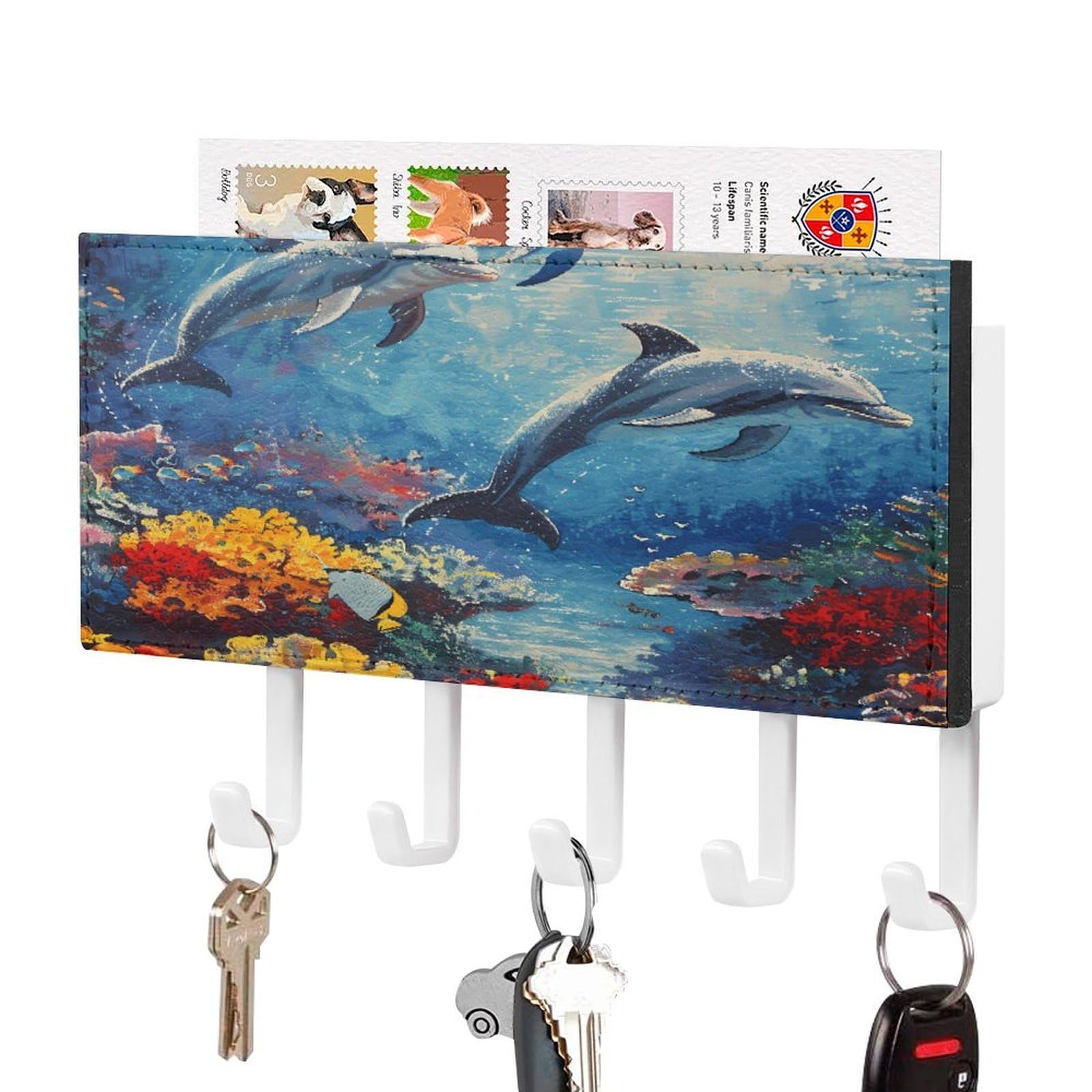 FekiLoot Seabed Coral Fish Dolphins Key Holder for Wall Decorative Mail Organizer with 5 Key Hook Self Adhesive Key Rack with Tray Coat Rack Wall Mount Key Hanger Decor for Entryway Door