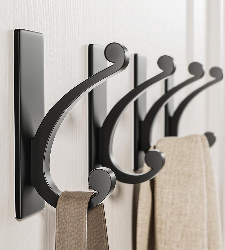 Gancho de pared adhesivo para toalla/abrigo – Extra pegajoso de acero inoxidable de 10 libras, colgador adhesivo para baño o ducha, negro mate, paquete de 4
