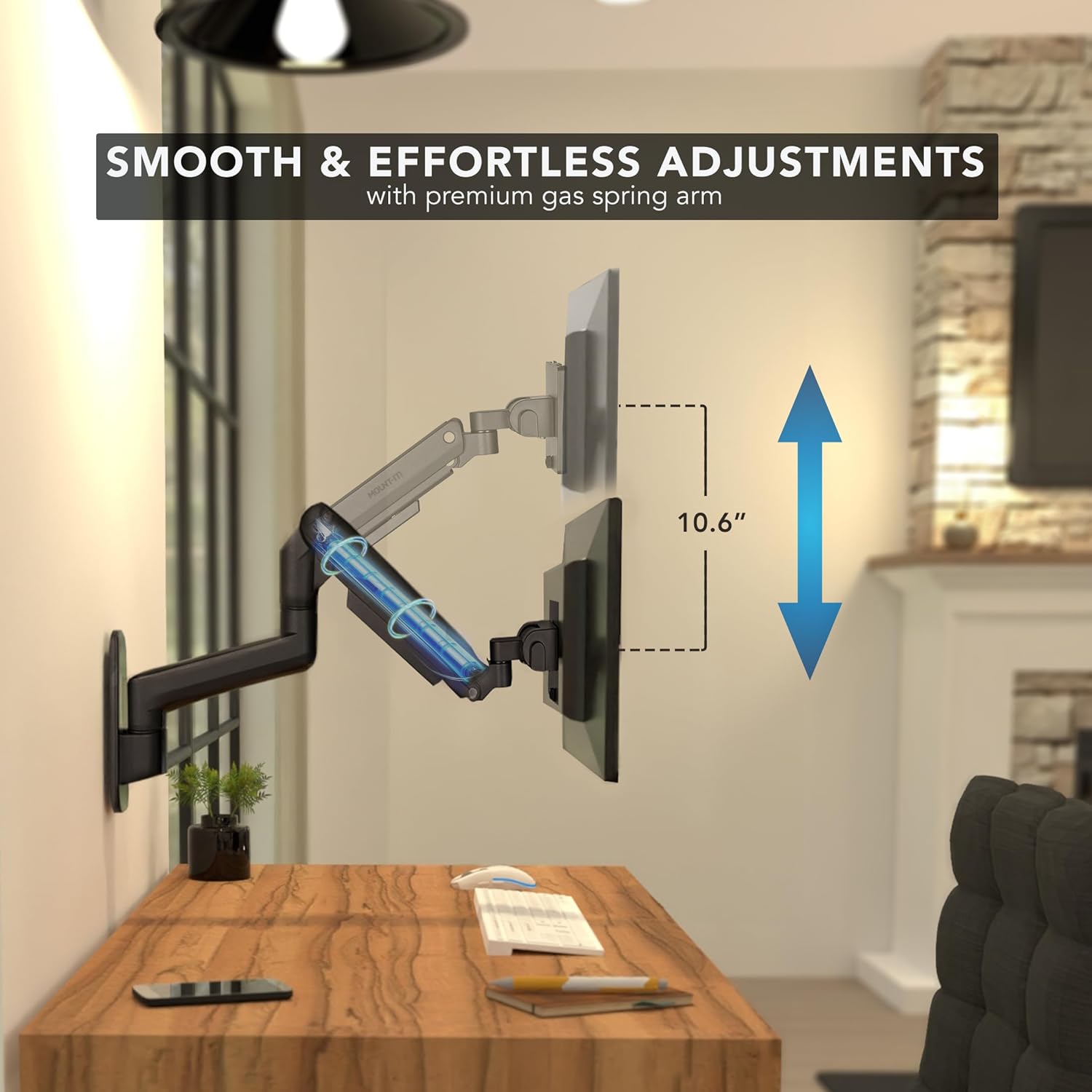 Mount‑It! Heavy‑Duty Wall Mount Arm for 49″ Curved & Ultrawide Monitors, Gas‑Spring Full Motion, 23.5″ Reach, 44 lb Capacity, VESA 75/100, Single‑Stud Install