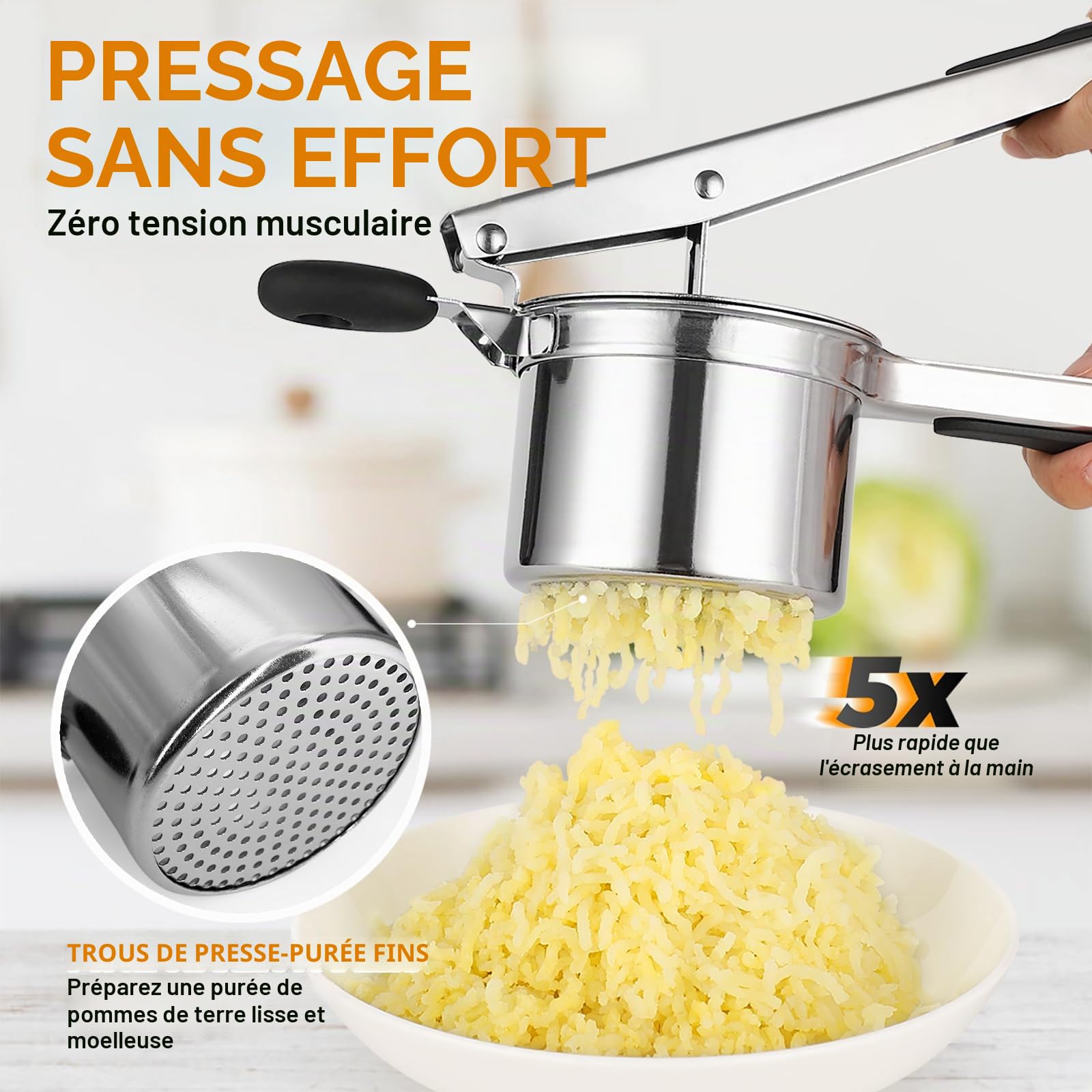 Presse-purée inox 18/10 450 ml, Presse pommes de terre robuste 3 disques interchangeables, Ustensile cuisine purée lisse spaetzle gnocchis légumes