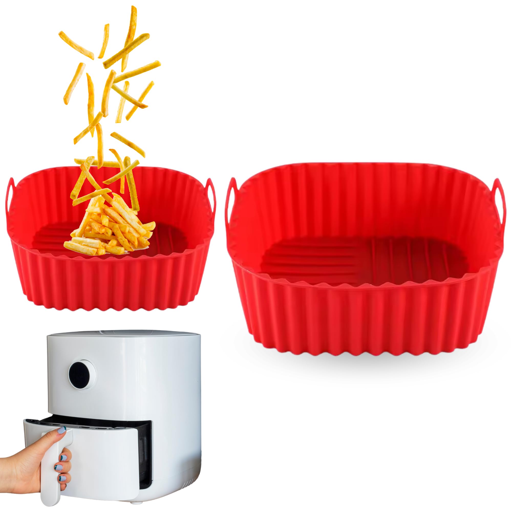 CHEFZOCO Molde Silicona Cuadrado para Freidora de Aire, Accesorios Freidoras de Aire, Recipiente de Silicona Cuadrado para Freidora, Antiadherente, Apta para freidoras de 4 a 5 litros, Silicona, Rojo