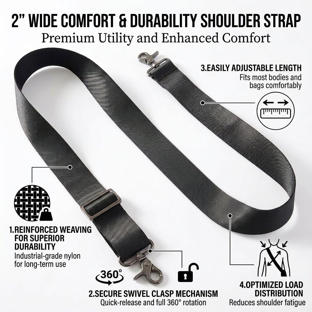 Heavy Duty Adjustable Shoulder Strap, 2" Wide Nylon Replacement Strap with Metal Swivel Hooks for Luggage, Duffel Bag, Tool Bag, Laptop Case (Black Straps only)