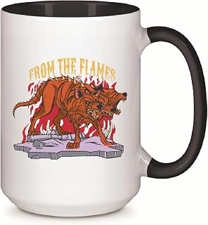Demonic Dog Creature Gift for Fantasy Fans Three Headed Dog with Quote from the Flames 11oz 15oz Inner Color Accent Mug