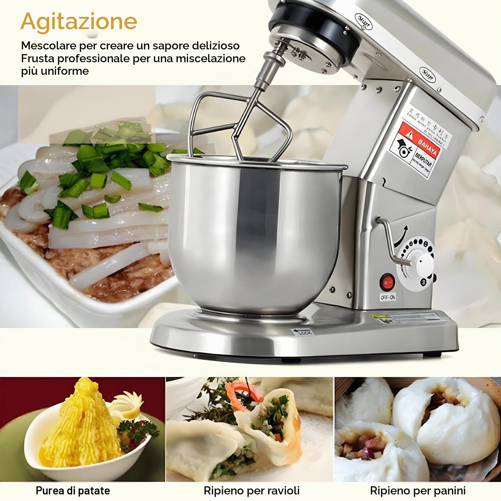 Impastatrice planetaria Professionale per la Cottura al Forno, impastatrice Commerciale per impieghi gravosi con Gancio per impastare, Frusta e sbattitore, 3 velocità 10L-220vSilver