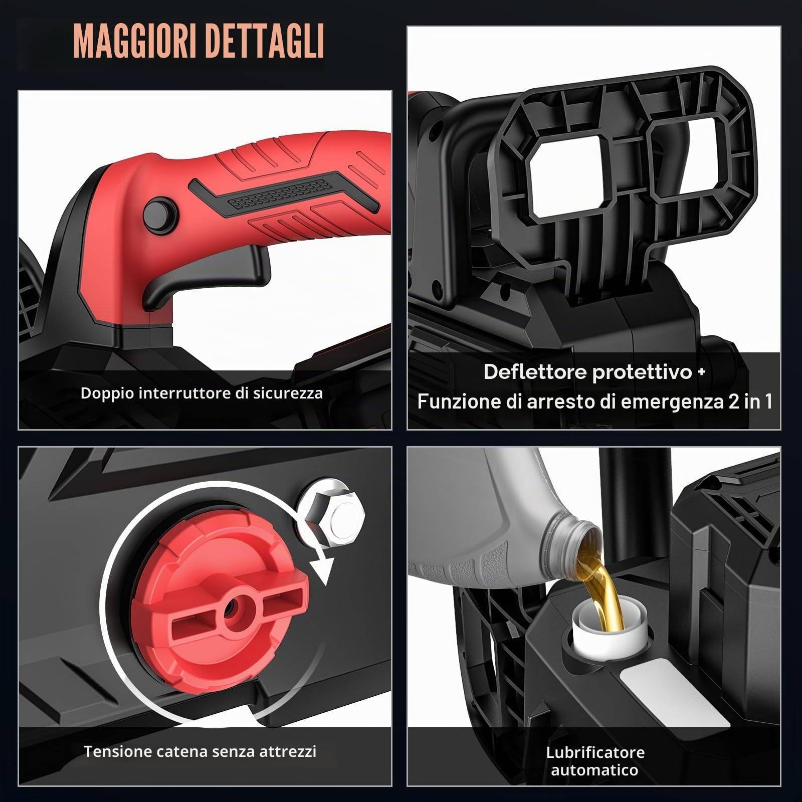 Motosega a Batteria 12+16 Polci, Motosega Elettrica Senza Fili con 2 x 4,0 Ah Batterie, 1050W Motore Brushless, Display LCD, Lubrificazione Automatica, Tensionamento Catena senza Utensili