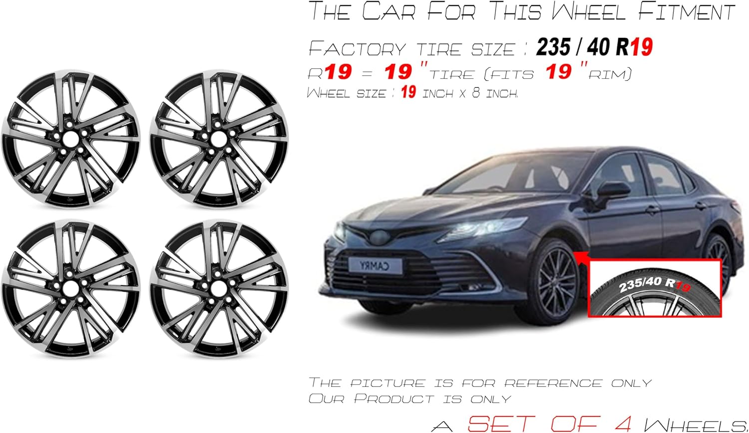 For Toyota Camry OEM Design Wheel 19" 19x8 2025 Machined Black Set of 4 Replacement Rim