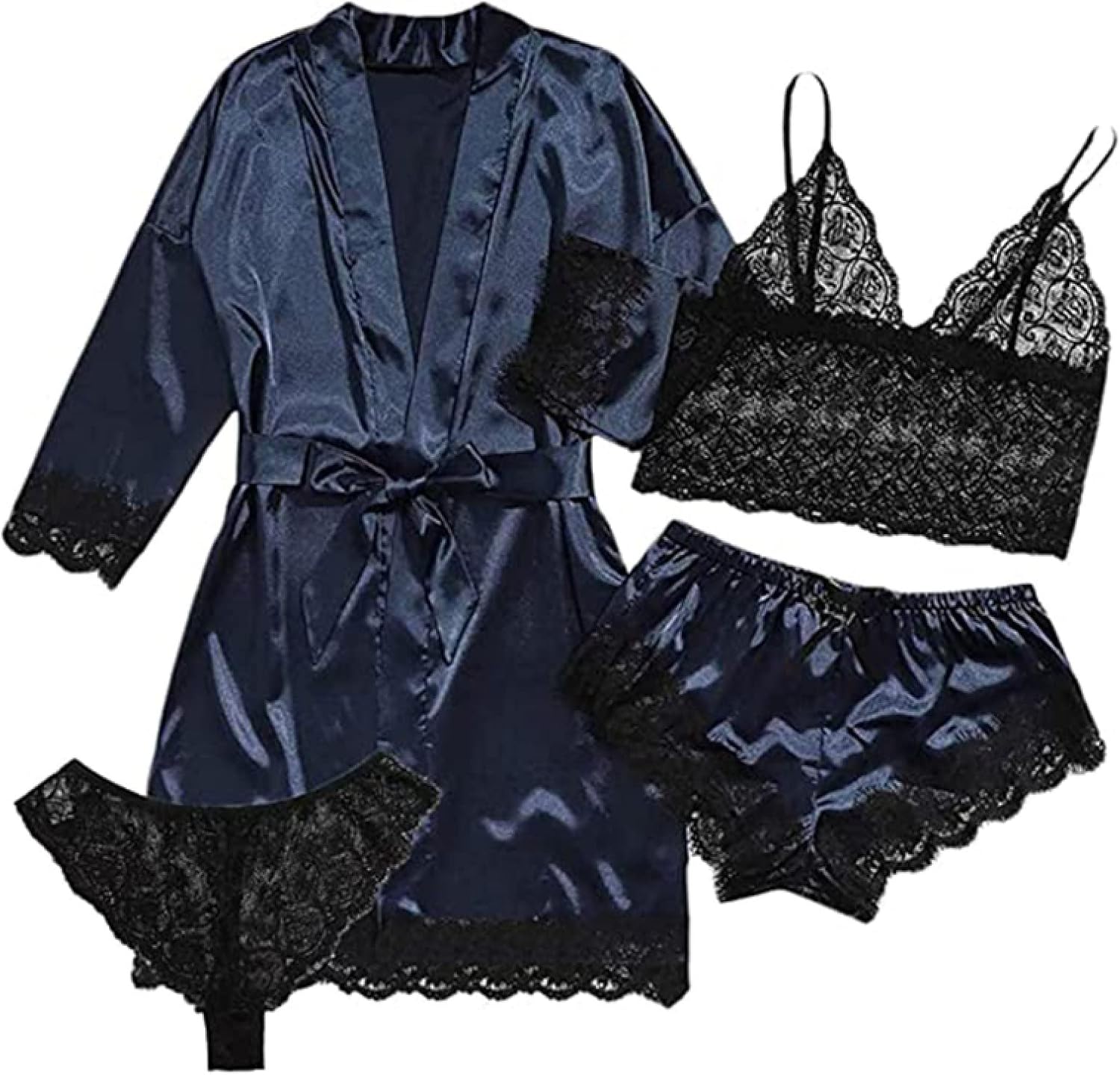 Summer Satin Robe Nightwear Lounge Set - Women'S 4Pcs/Set Pajamas Set Sexy Floral Lace Trim Shorts Lingerie With Cami Sleepwear Home Clothes Soft Homewear For Adults Outfits Suit ( Color : Bule , Size