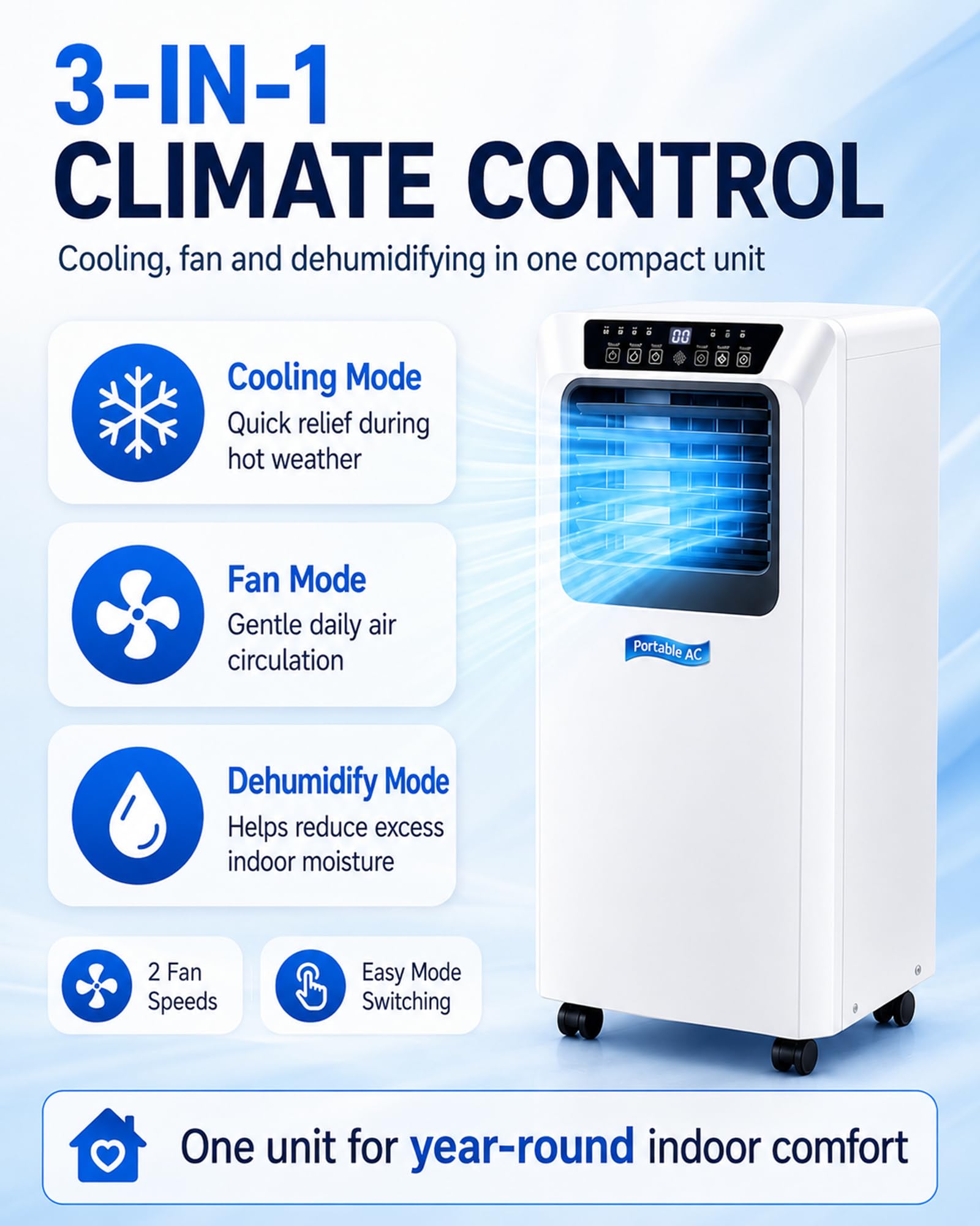 Kompaktowy klimatyzator z kółkami i ukrytymi uchwytami 9000BTU