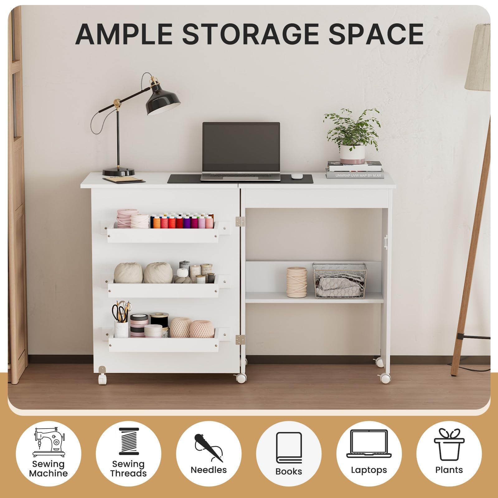 Mesa de costura plegable multiusos con 3 compartimentos de almacenamiento y estante, mesa de trabajo con ruedas para espacios pequeños