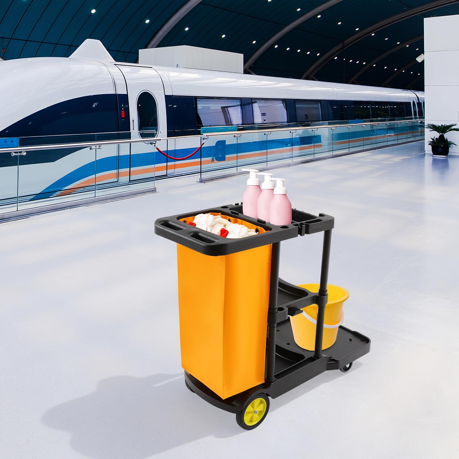 Carrello per la pulizia professionale con ruote, 3 ripiani e borsa in vinile, carrelli igienici per uffici, hotel, centri commerciali, portata 100 kg, 113 x 56 x 93 cm