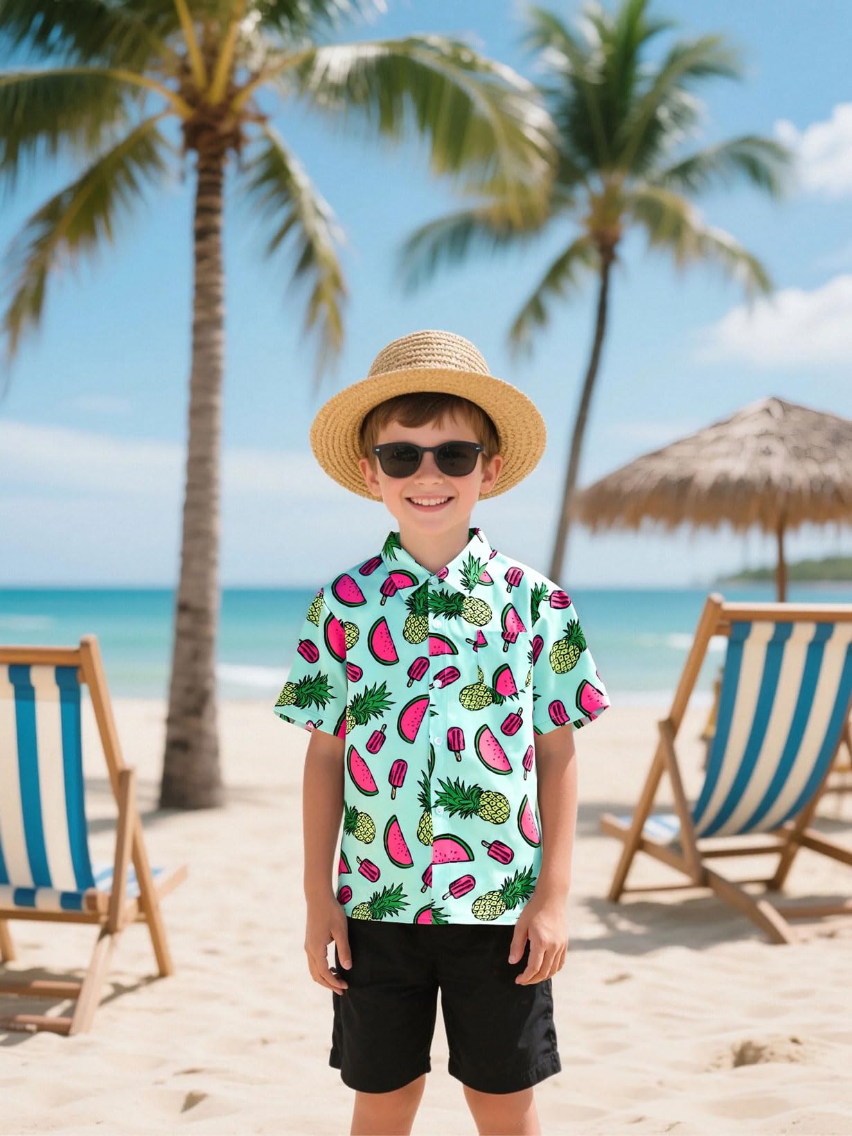 Camisa Hawaiana Niños Verano Camisa Manga Corta, Xsmall-Large, 5-12 Años
