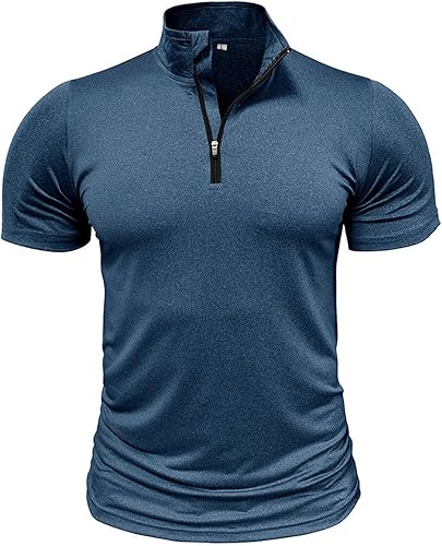 Stand Up Collar T-Shirt Top for Men Zipper Solid Blouse Tunics Slim Fit Short Sleeve Pullover Tops Fitted Business