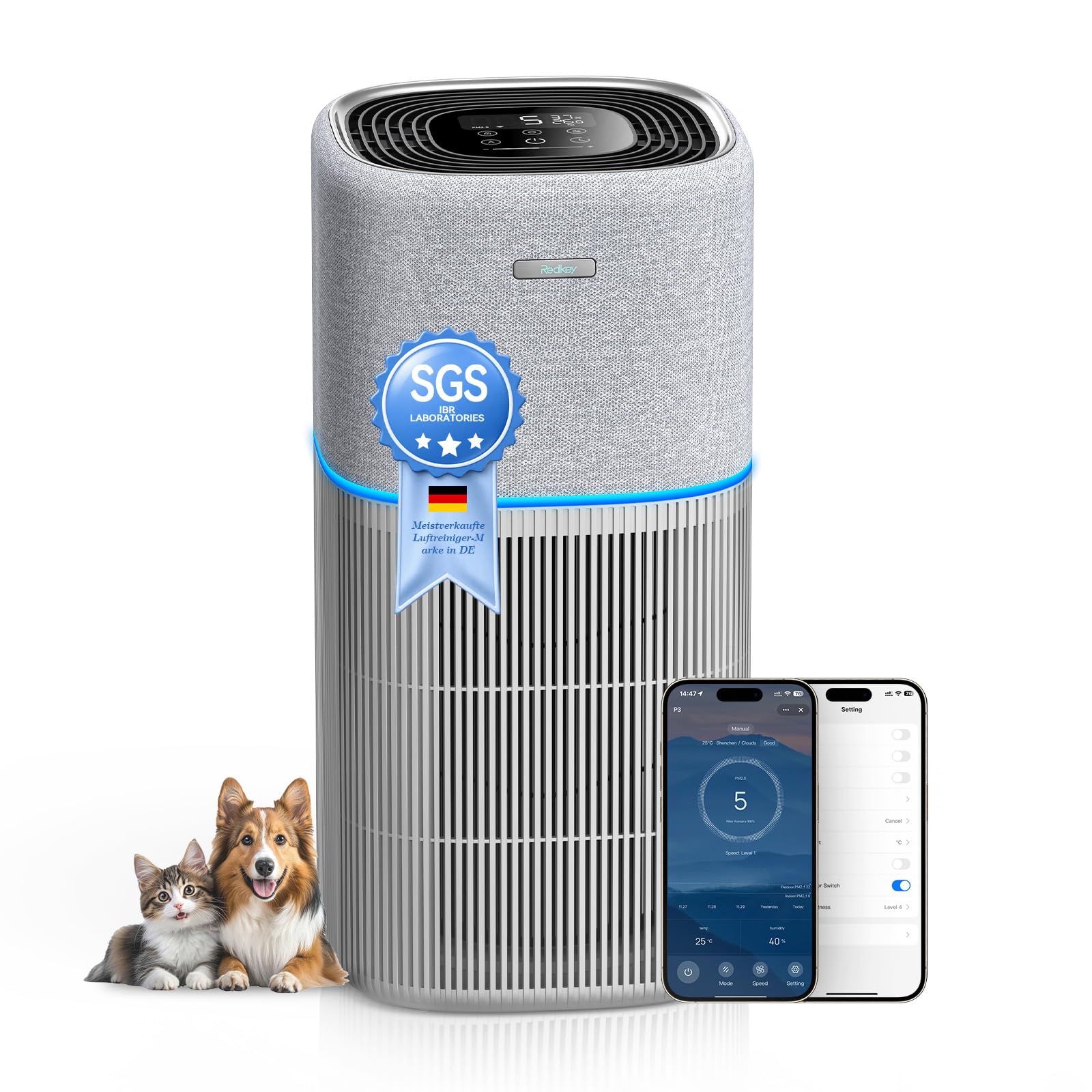 Redkey P3 Luftreiniger, Luftreiniger Allergiker für Räume bis 100 m² | CADR 1000 m³/h True HEPA-Filter, entfernt 99,97% Pollen, Schimmel, Gerüche, Staub & Tierhaare, ultraleiser, für App und Alexa